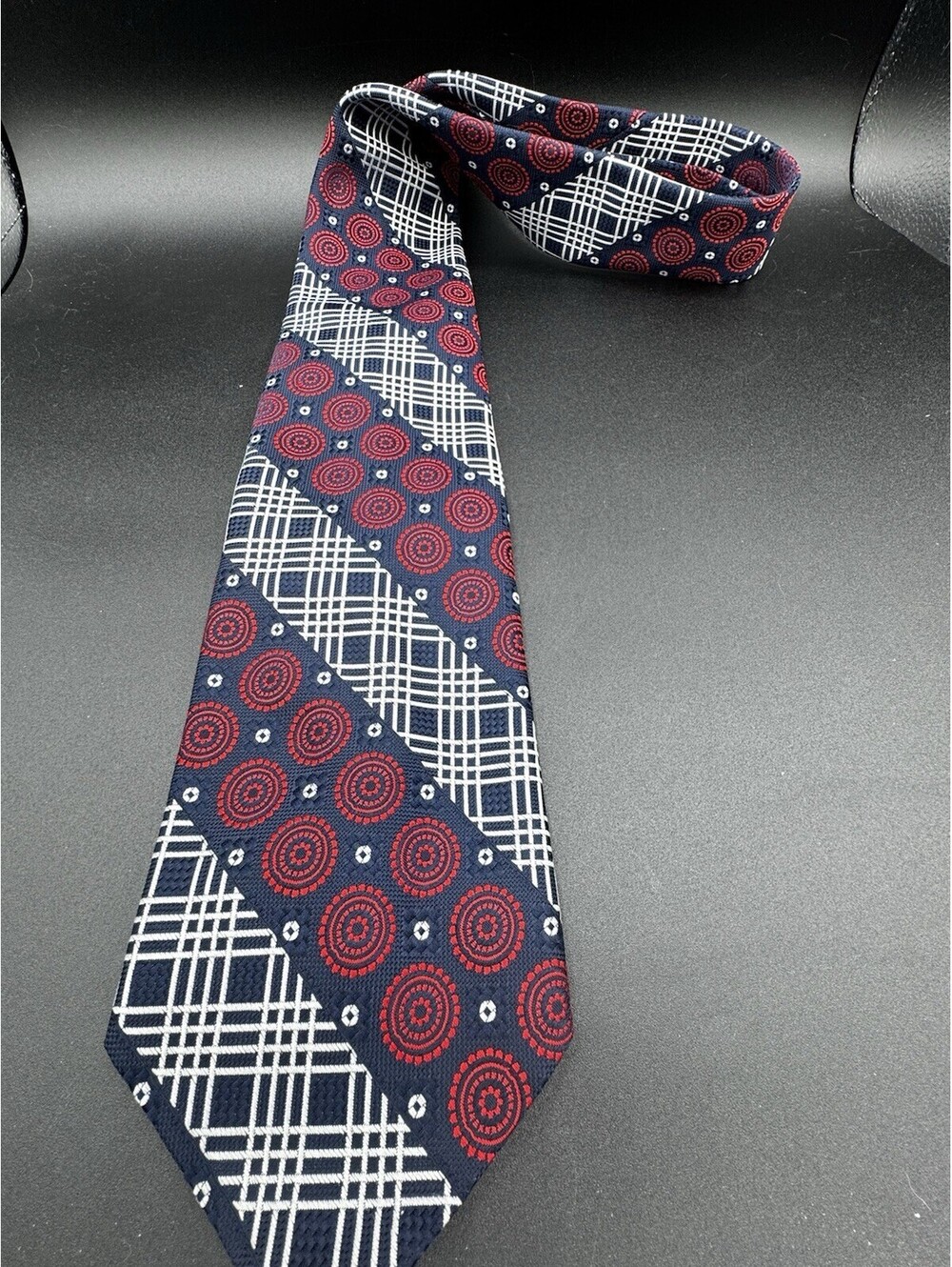 Vintage Pierre Cardin France Tie Red Blue Geometric Medallion Wide Necktie